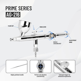 Airgoo Premium dubbelwerkende airbrush AG-216 met nieuw ontworpen zelfcentrerende sproeiers.