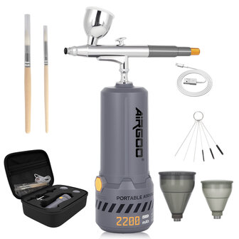 Airgoo draagbare, draadloze, oplaadbare airbrushcompressorset MK430(215) met reinigingsborstels voor modelbouw, taartdecoratie, make-up en andere algemene airbrush-toepassingen.