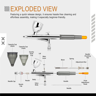 Airgoo draagbare, draadloze, oplaadbare airbrushcompressorset MK430(215) met reinigingsborstels voor modelbouw, taartdecoratie, make-up en andere algemene airbrush-toepassingen.