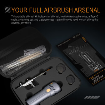 Airgoo draagbare, draadloze, oplaadbare airbrushcompressorset MK430(215) met reinigingsborstels voor modelbouw, taartdecoratie, make-up en andere algemene airbrush-toepassingen.
