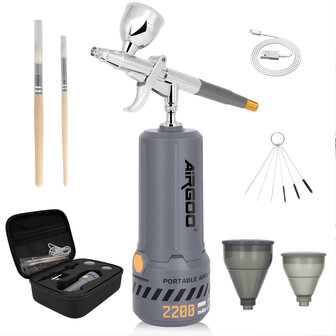 Airgoo draagbare, draadloze, oplaadbare airbrushcompressorset MK430(116E) met reinigingsborstels voor modelbouw, taartdecoratie, make-up en andere algemene airbrush-toepassingen.