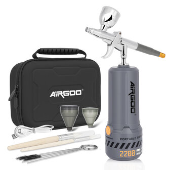 Airgoo draagbare, draadloze, oplaadbare airbrushcompressorset MK430(116E) met reinigingsborstels voor modelbouw, taartdecoratie, make-up en andere algemene airbrush-toepassingen.
