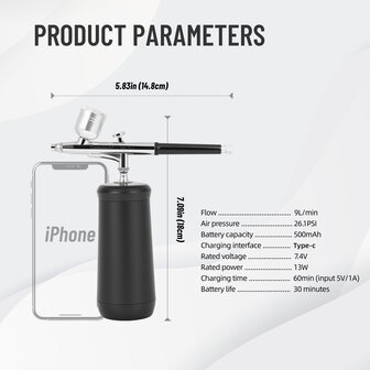 Timbertech draagbare en ge&iuml;ntegreerde draadloze oplaadbare airbrushset met compressor MK-410 inclusief reinigingsborstels voor hobby's, taartdecoratie, make-up en andere airbrush-toepassingen.