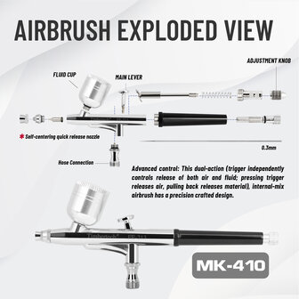 Timbertech draagbare en ge&iuml;ntegreerde draadloze oplaadbare airbrushset met compressor MK-410 inclusief reinigingsborstels voor hobby's, taartdecoratie, make-up en andere airbrush-toepassingen.