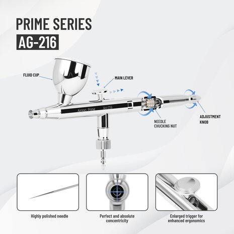 Airgoo Premium dubbelwerkende airbrush AG-216 met nieuw ontworpen zelfcentrerende sproeiers.