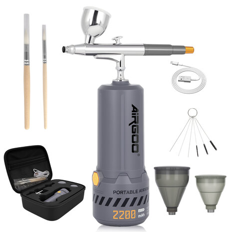 Airgoo draagbare, draadloze, oplaadbare airbrushcompressorset MK430(215) met reinigingsborstels voor modelbouw, taartdecoratie, make-up en andere algemene airbrush-toepassingen.