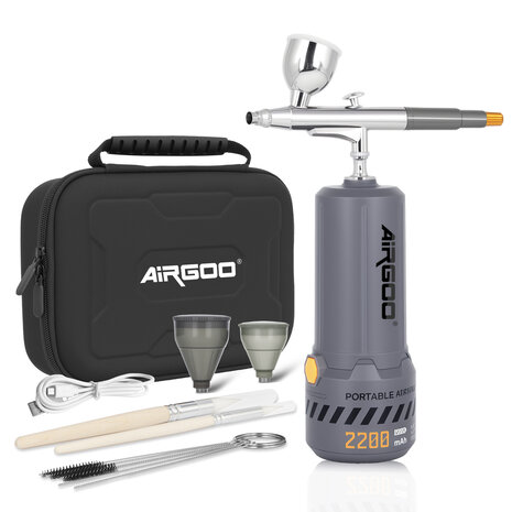 Airgoo draagbare, draadloze, oplaadbare airbrushcompressorset MK430(215) met reinigingsborstels voor modelbouw, taartdecoratie, make-up en andere algemene airbrush-toepassingen.