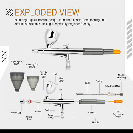 Airgoo draagbare, draadloze, oplaadbare airbrushcompressorset MK430(215) met reinigingsborstels voor modelbouw, taartdecoratie, make-up en andere algemene airbrush-toepassingen.