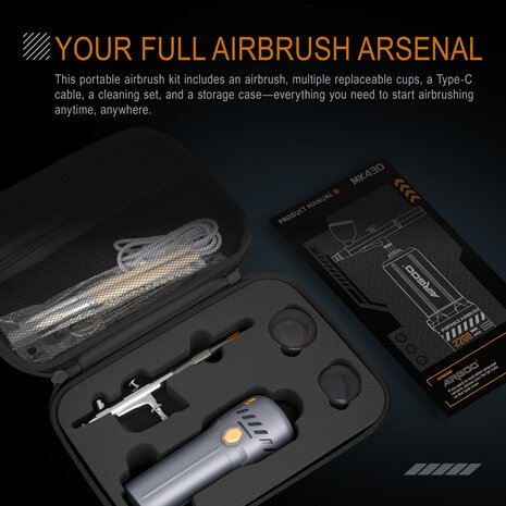 Airgoo draagbare, draadloze, oplaadbare airbrushcompressorset MK430(215) met reinigingsborstels voor modelbouw, taartdecoratie, make-up en andere algemene airbrush-toepassingen.