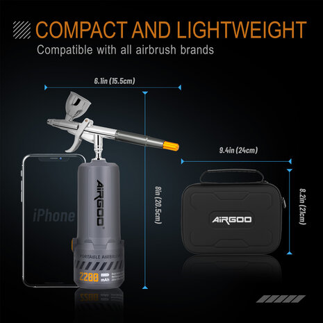 Airgoo draagbare, draadloze, oplaadbare airbrushcompressorset MK430(116E) met reinigingsborstels voor modelbouw, taartdecoratie, make-up en andere algemene airbrush-toepassingen.