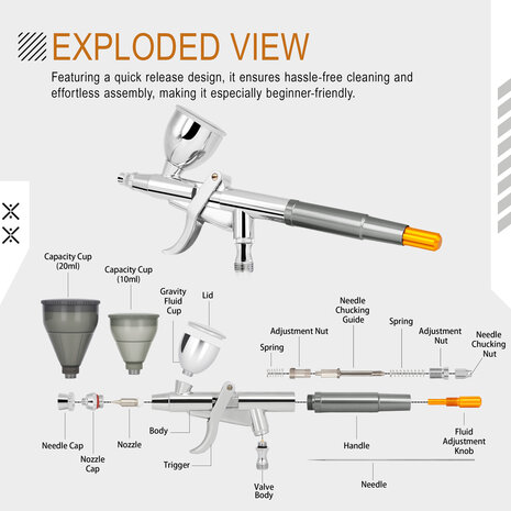 Airgoo draagbare, draadloze, oplaadbare airbrushcompressorset MK430(116E) met reinigingsborstels voor modelbouw, taartdecoratie, make-up en andere algemene airbrush-toepassingen.