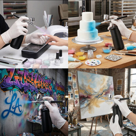 Timbertech draagbare en ge&iuml;ntegreerde draadloze oplaadbare airbrushset met compressor MK-410 inclusief reinigingsborstels voor hobby's, taartdecoratie, make-up en andere airbrush-toepassingen.