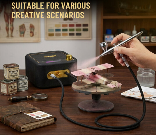 Airgoo Premium draagbare airbrushset met compressor AS-302 inclusief luchtslang voor hobby, modelbouw, taartdecoratie, make-up en diverse andere airbrush-toepassingen
